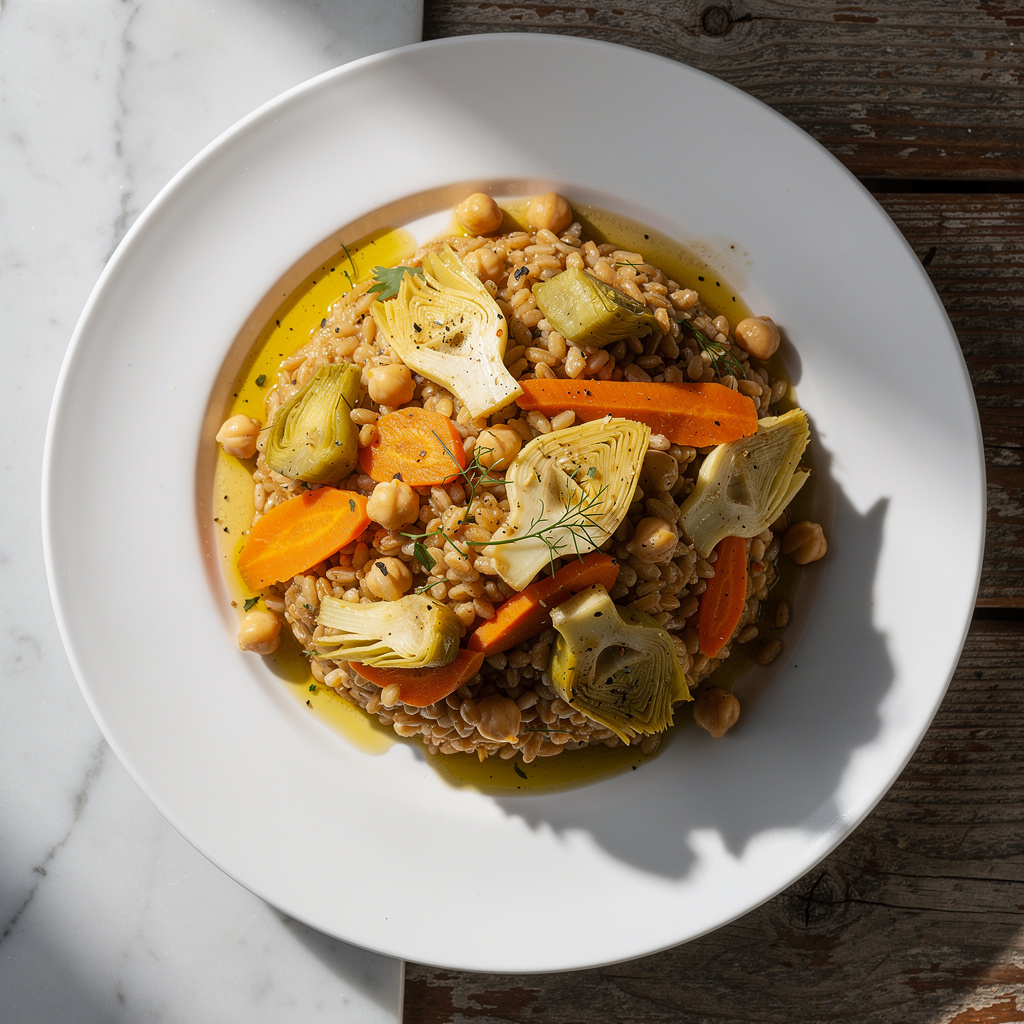 Greek-Style Slow-Cooker Farro with Chickpeas and Artichokes