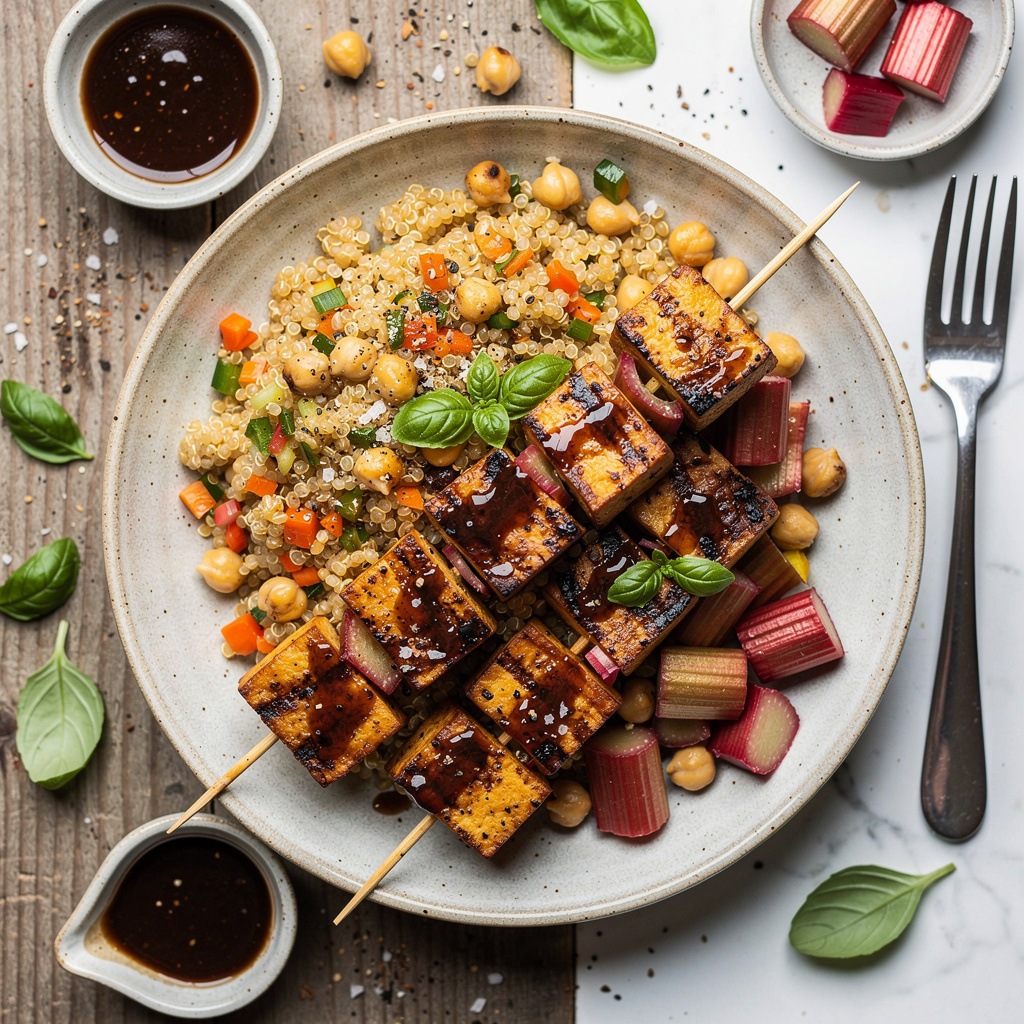 Grilled Tofu Kabobs with Rhubarb-Balsamic Glaze and Quinoa Pilaf