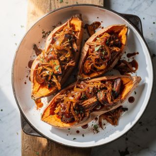 Barbecue Stuffed Sweet Potatoes with Smoky Jackfruit
