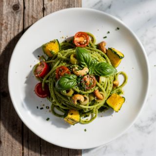 Basil-Leek Pesto Pasta with Cherry Tomatoes and Summer Squash