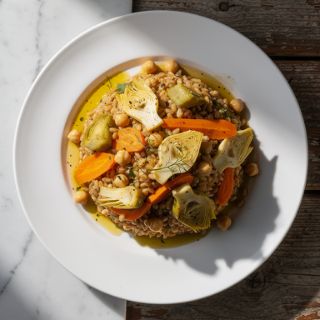 Greek-Style Slow-Cooker Farro with Chickpeas and Artichokes