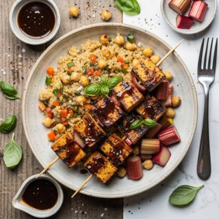 Grilled Tofu Kabobs with Rhubarb-Balsamic Glaze and Quinoa Pilaf