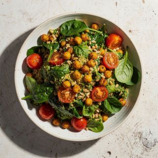Hearty Pesto Salad with Tomatoes, Farro, and Air-Fried Chickpeas