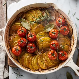 Potato and Onion Bake with Rosemary and Tomatoes