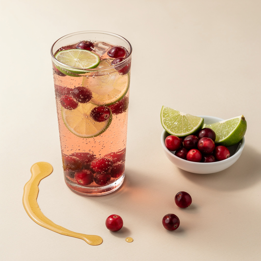 A glass of cranberry-infused water with fresh cranberries and lime