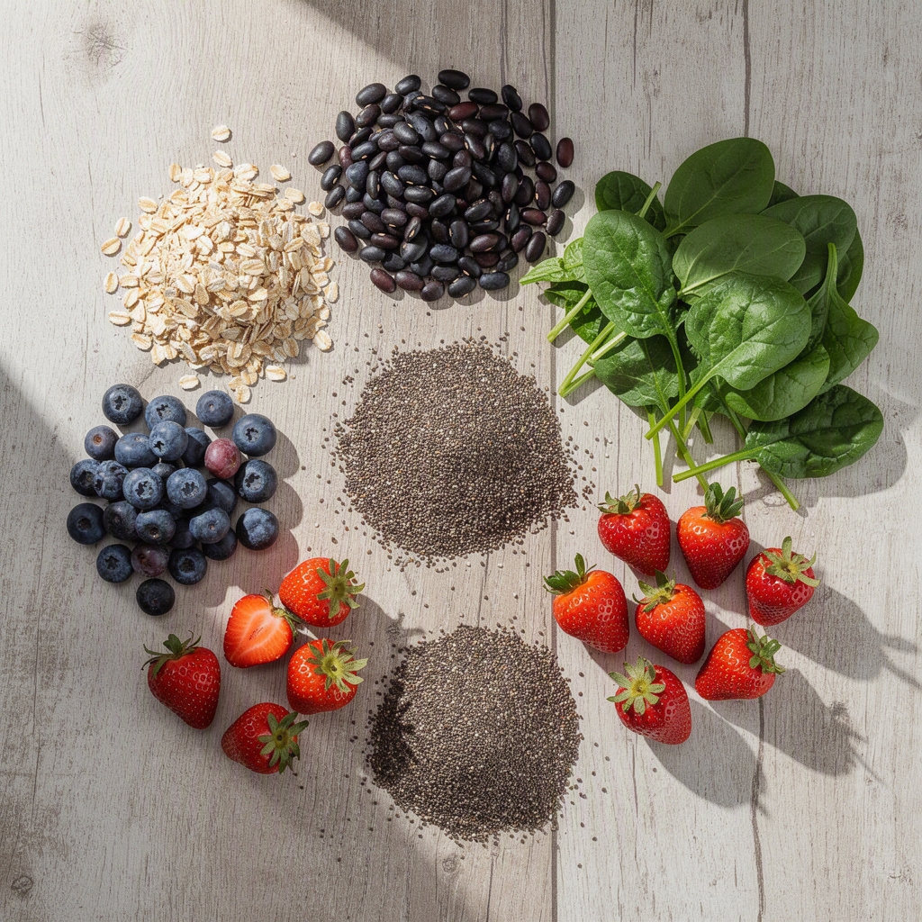 Oats, beans, berries, chia seeds, and leafy greens arranged on a wooden table