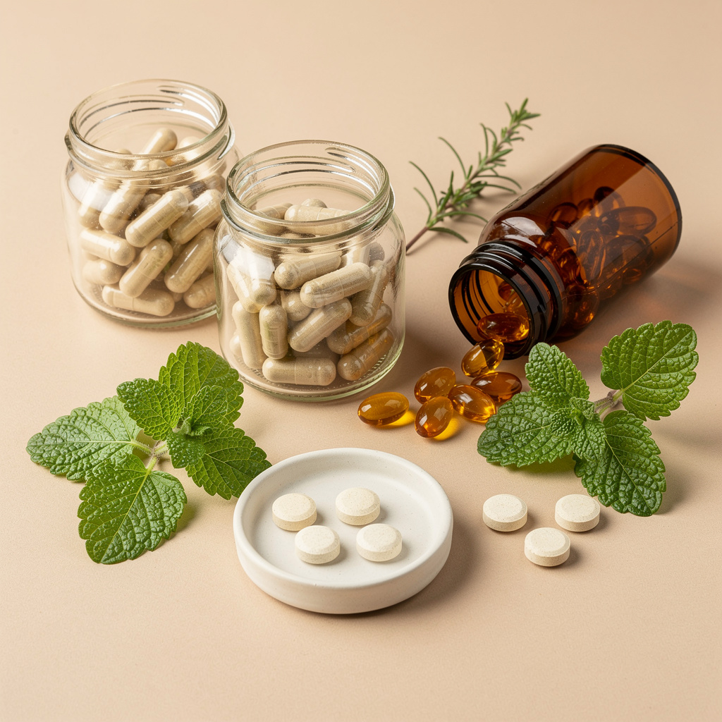 Capsules, soft-gels, and vitamin tablets with fresh lemon balm