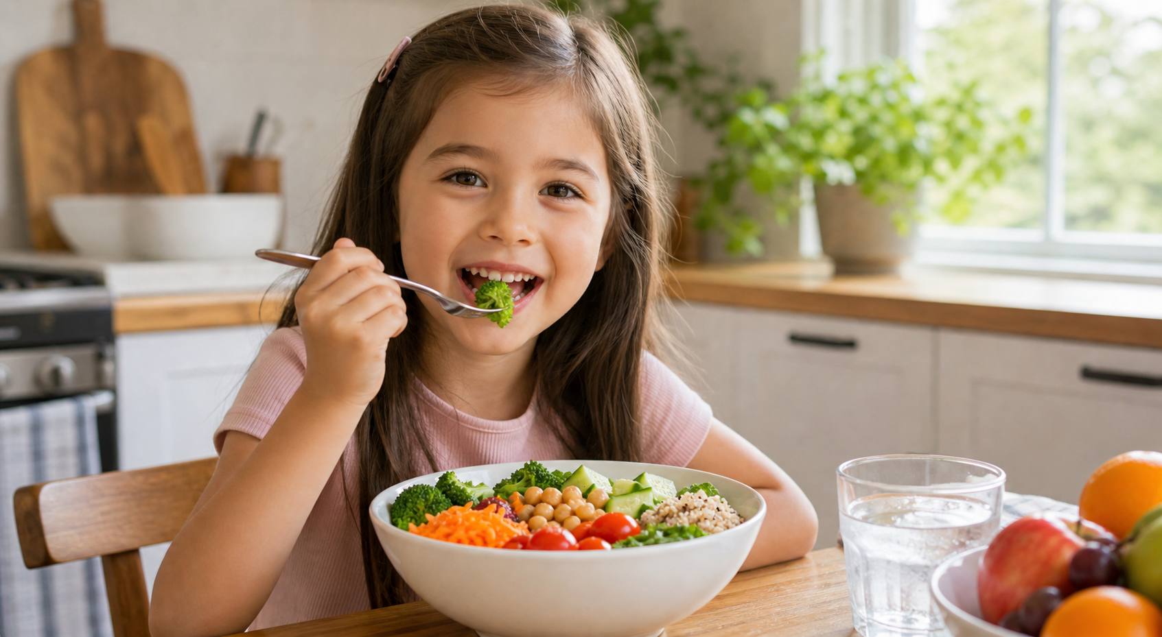 A little girl eating a colorful vegetable bowl at the kitchen table