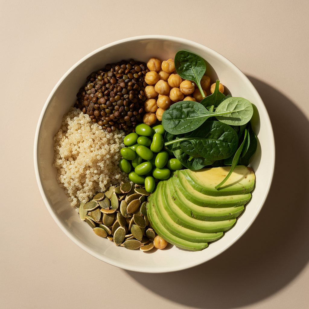 A plant-based protein bowl with lentils, chickpeas, quinoa, edamame, seeds, and avocado